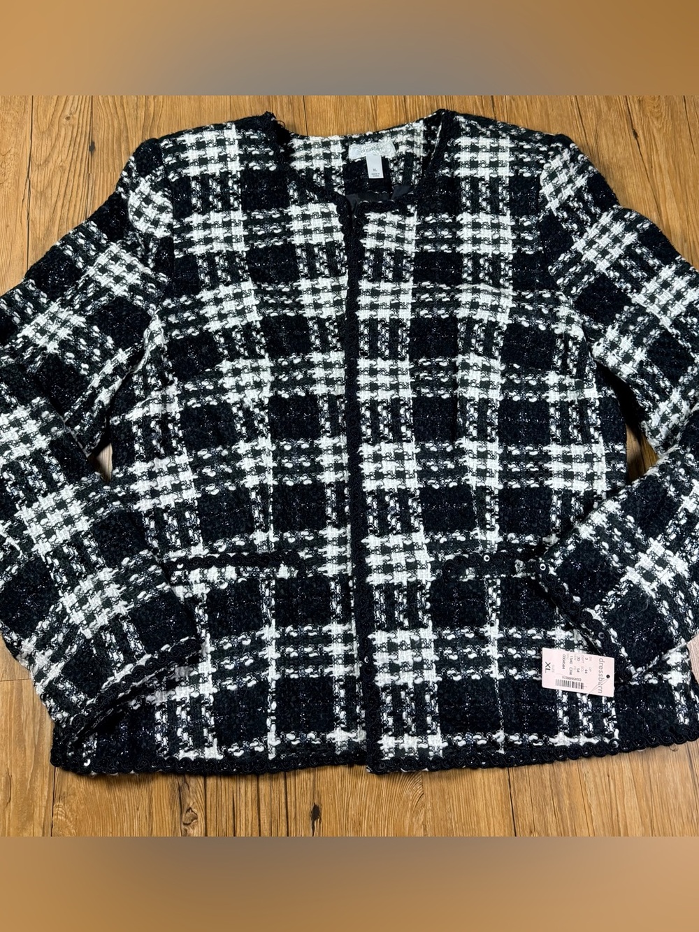 Dressbarn Womens XL Black White Tweed Plaid Jacket Sequin Trim Lined